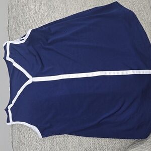 Navy Blue Sleeveless Blouse with White Trim